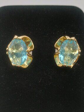Vintage Aquamarine Open Back Ruffled Setting Gold Tone Clip Earrings